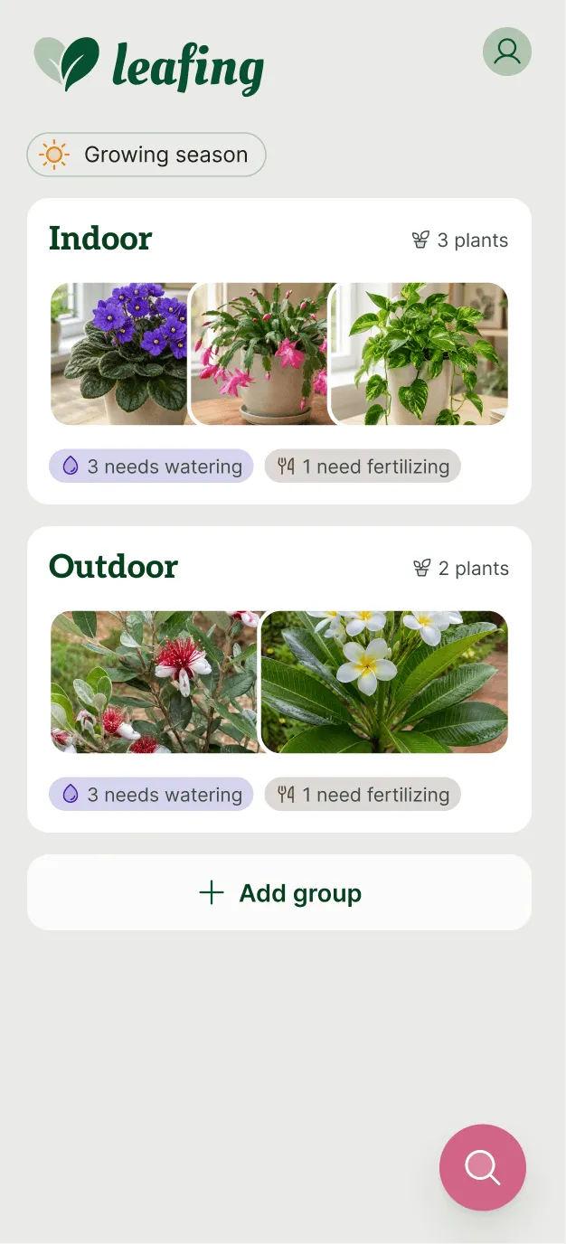 Leafing groups screen showing an Indoor group with plant thumbnails and care status
