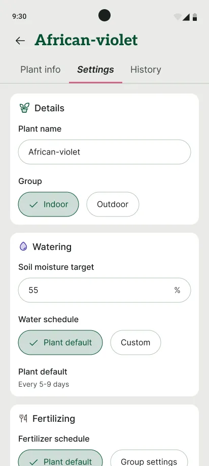 Leafing plant detail screen showing soil moisture target and watering status