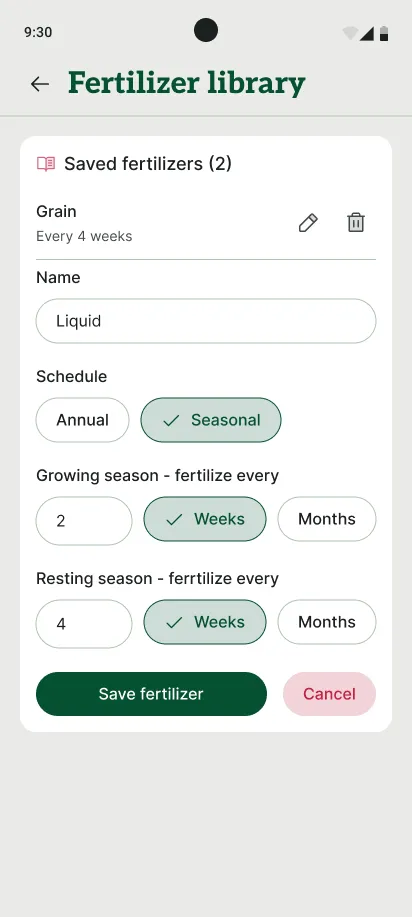 Leafing fertilizer library showing growing and resting schedules for saved fertilizers