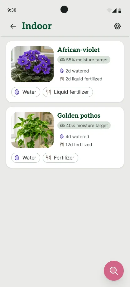 Leafing group screen with one-tap water and fertilize buttons for each plant