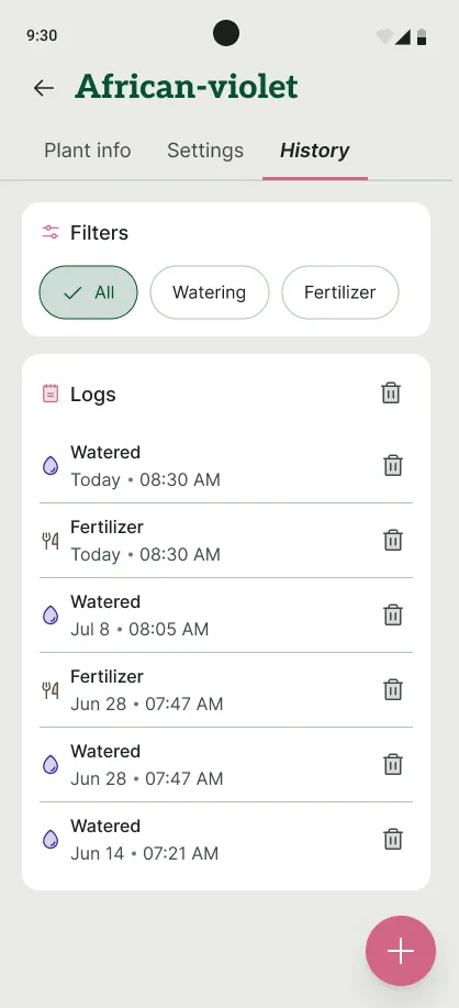 Leafing care history screen